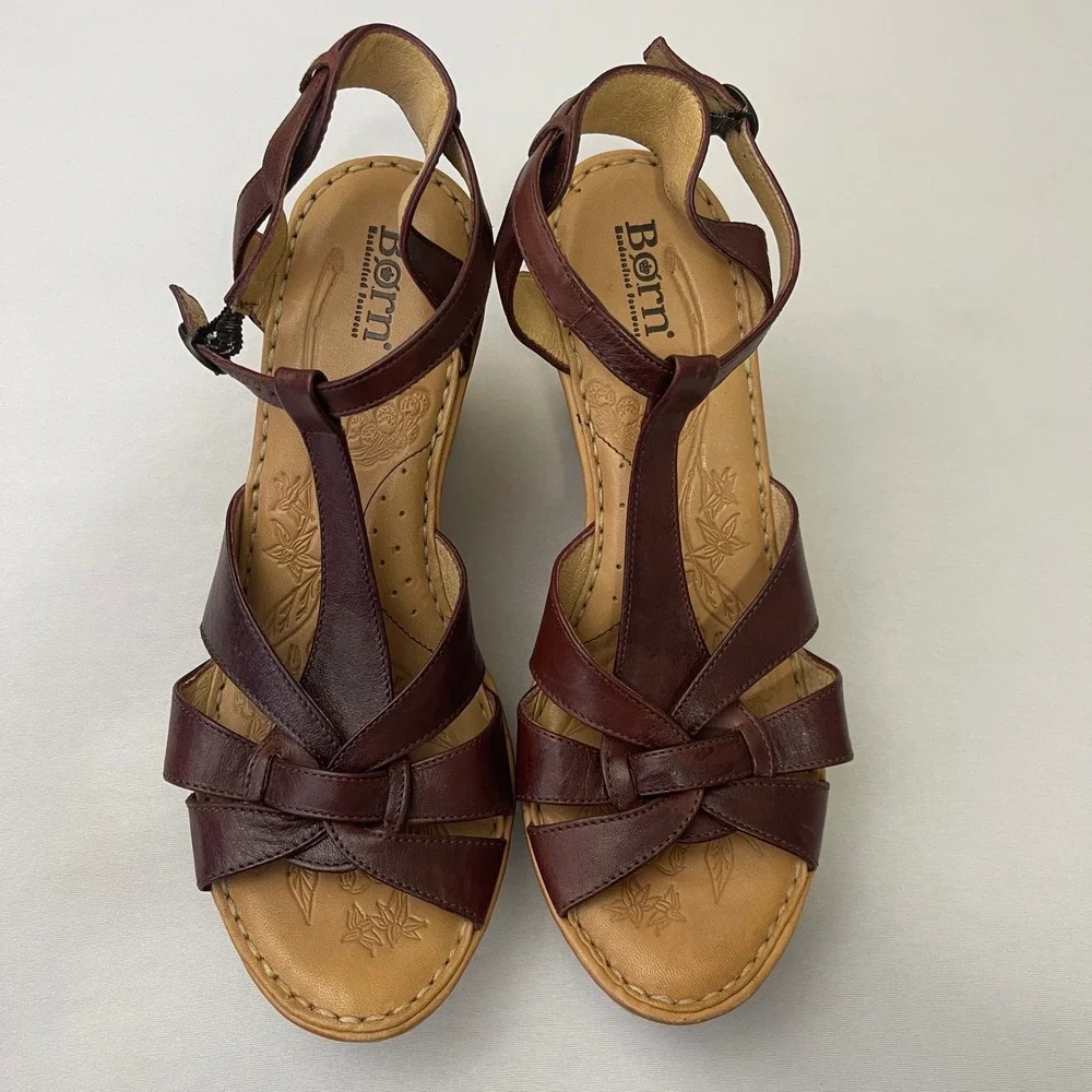 Born‎ Womens Leather T Strap Wedge Sandals Brown Size 10/42 Robin Cliff Side